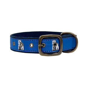 Buckled dog collar with blue silk ribbon facing woven with repeating Bowdoin polar bear mascots.