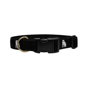 Black dog collar with black ribbon with repeating white Bowdoin mascot decoration. Black plastic clip closure and brass D ring.