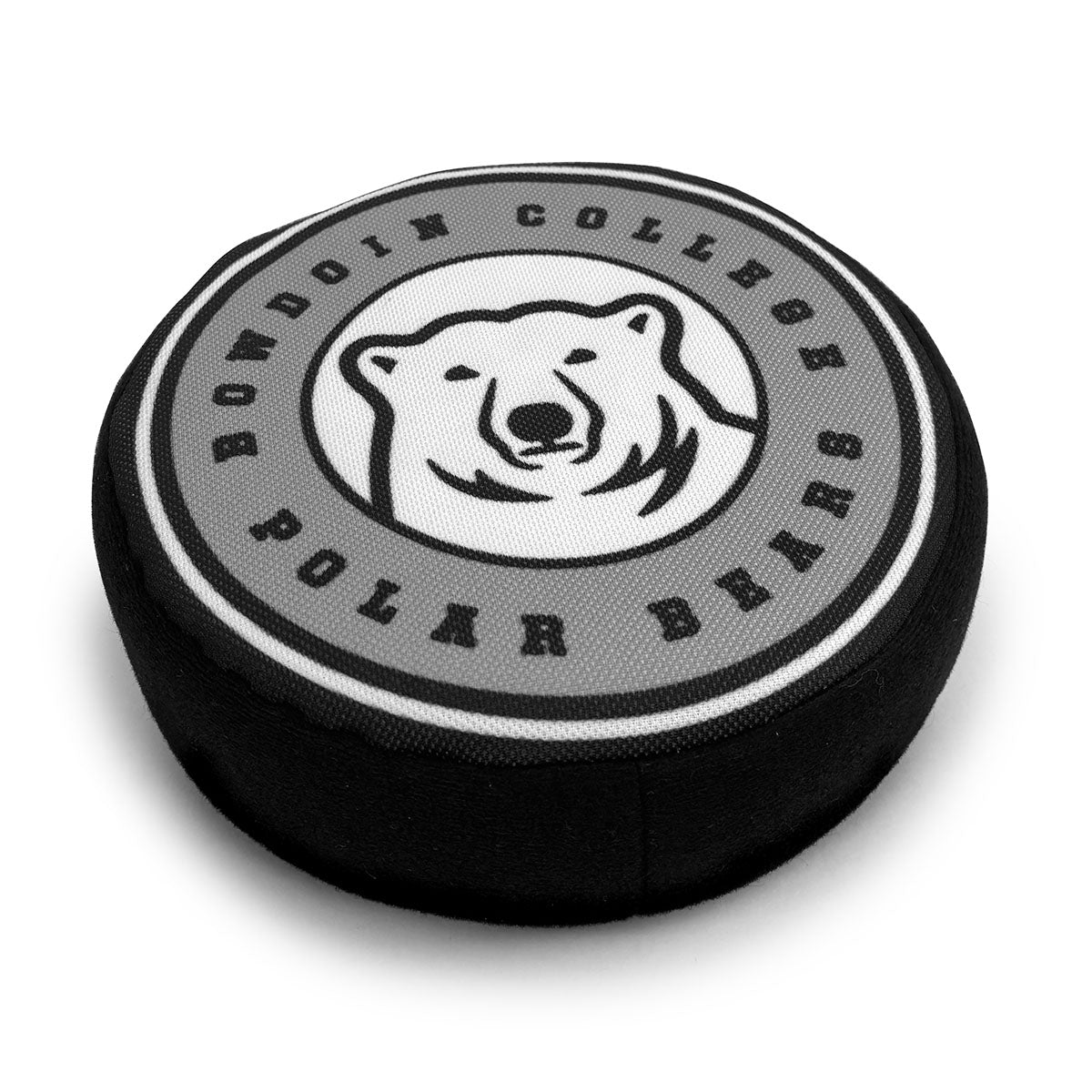 Puck-shaped dog toy with 'Bowdoin College Polar Bears' text and bear logo on a white background