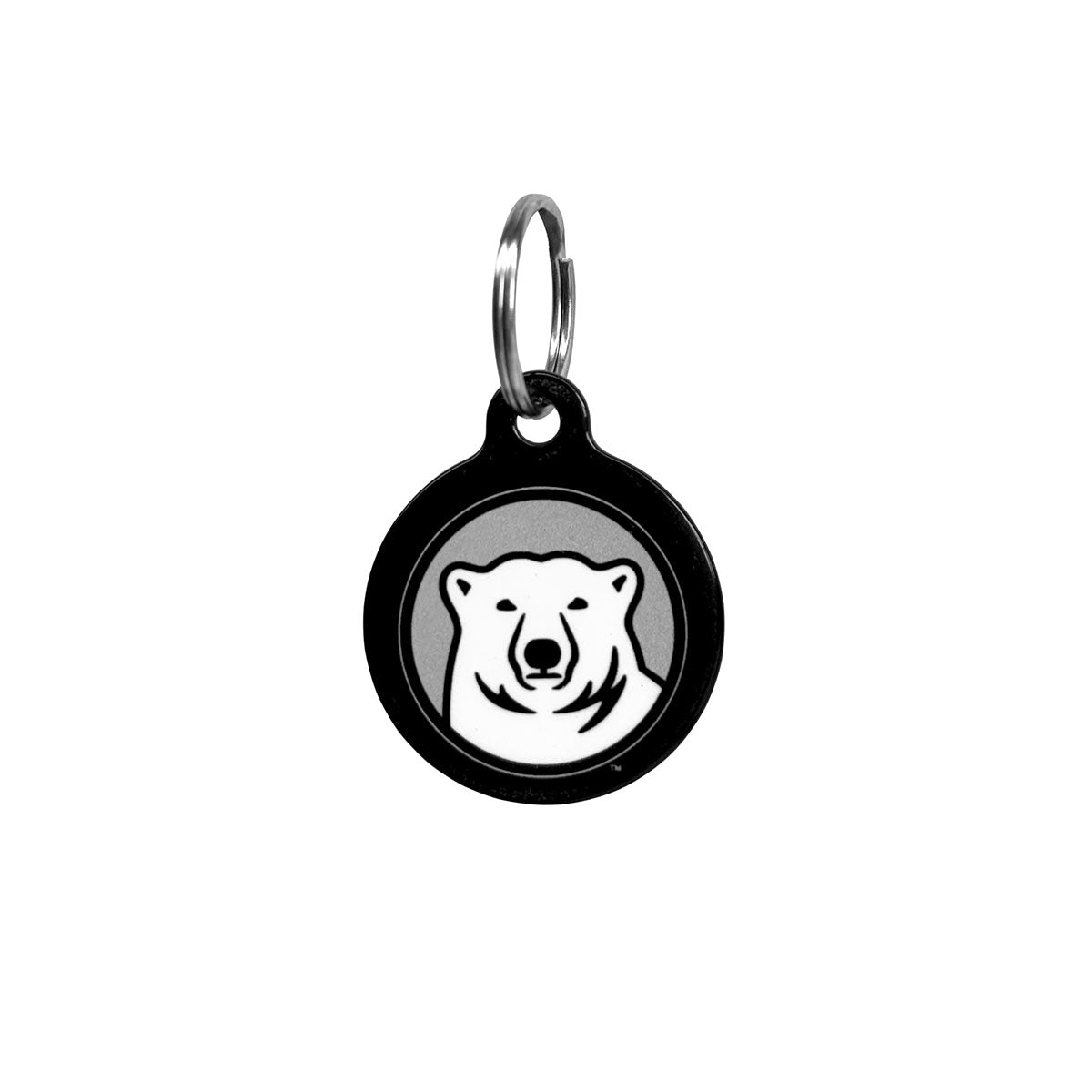 Black pet tag with a white bear design on a white background