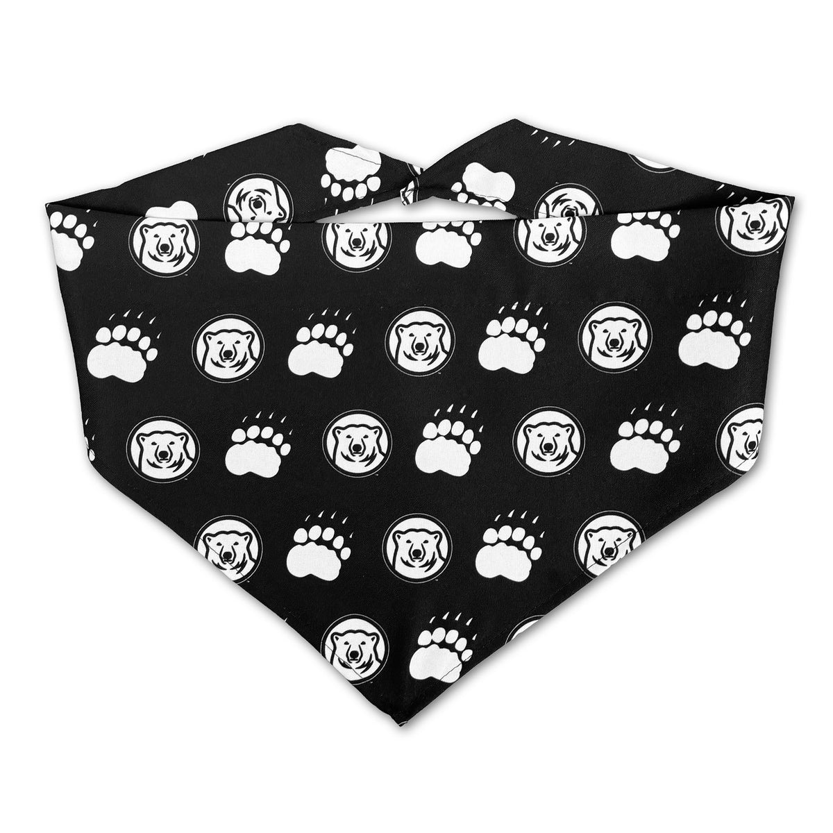 A black pet bandana featuring a repeating white pattern of polar bear paw prints and polar bear faces, displayed flat against a solid white background.