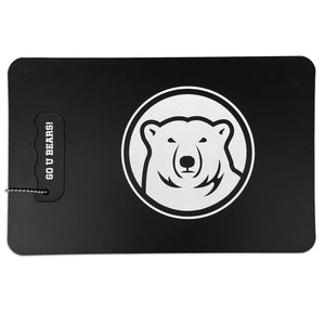 Black rectangular foam cushion with white imprint of polar bear medallion. A handle is cut out of the left side of the cushion and the cutout is attached by a metal ball chain and is imprinted with GO U BEARS! in white.