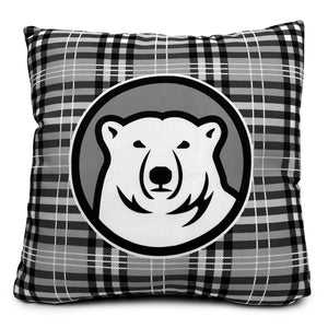 Square pillow with black white and grey plaid print and large mascot medallion print in the center.