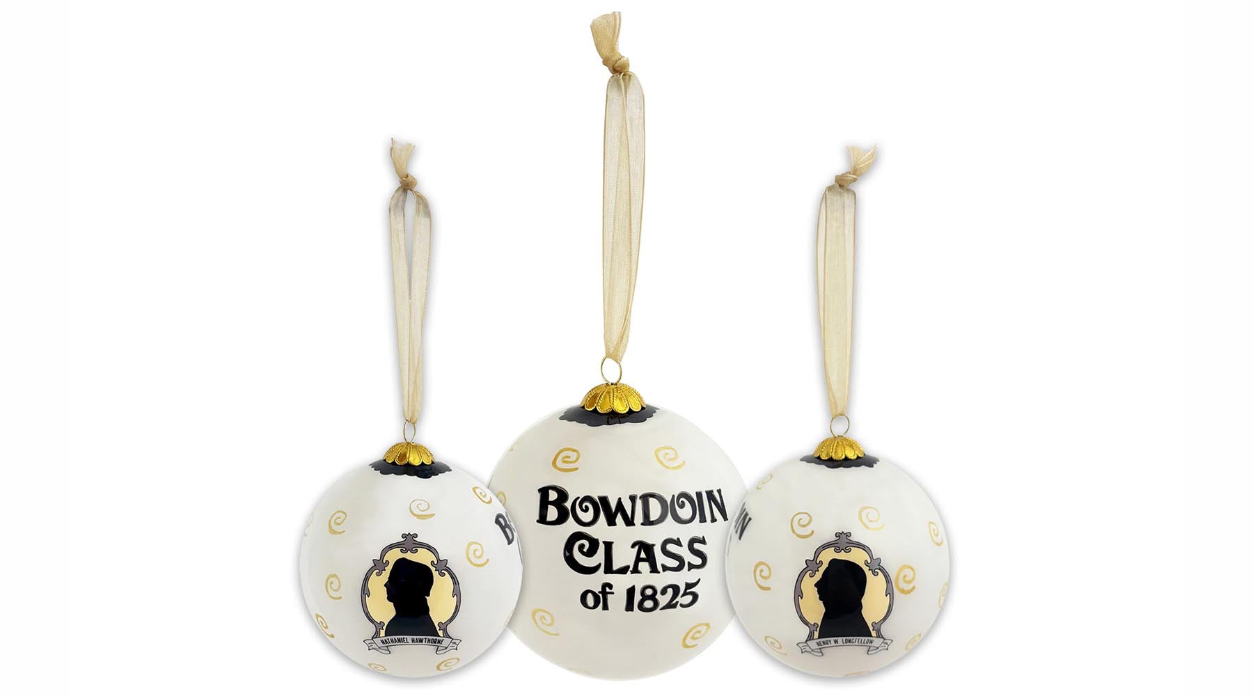 Three views of glass ornament with 'Bowdoin Class of 1825' text and design on a white background