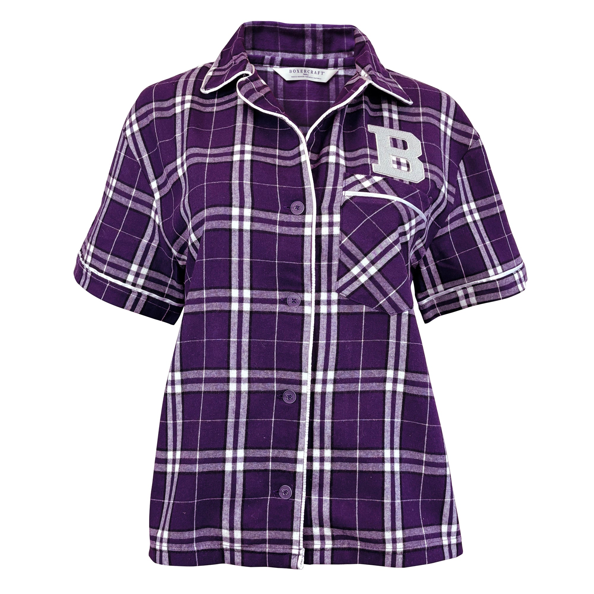 A women's short-sleeve button-up shirt in purple and white plaid fabric, featuring a large white block letter 'B' on the left chest, displayed on a clean white background.