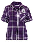 A women's short-sleeve button-up shirt in purple and white plaid fabric, featuring a large white block letter 'B' on the left chest, displayed on a clean white background.