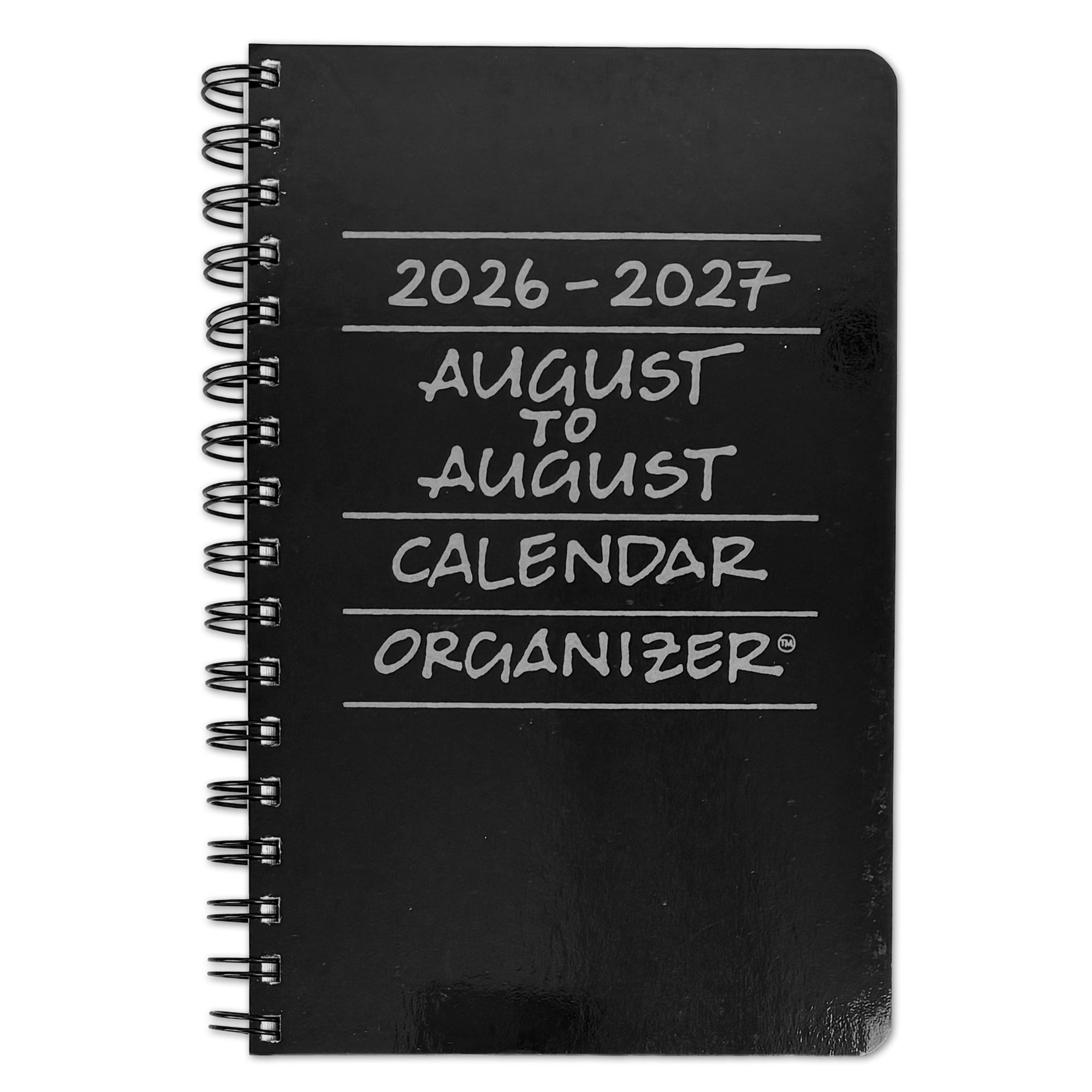 A black spiral-bound 2026-2027 August to August calendar organizer with silver handwritten-style text on the cover, shown on a plain white background.