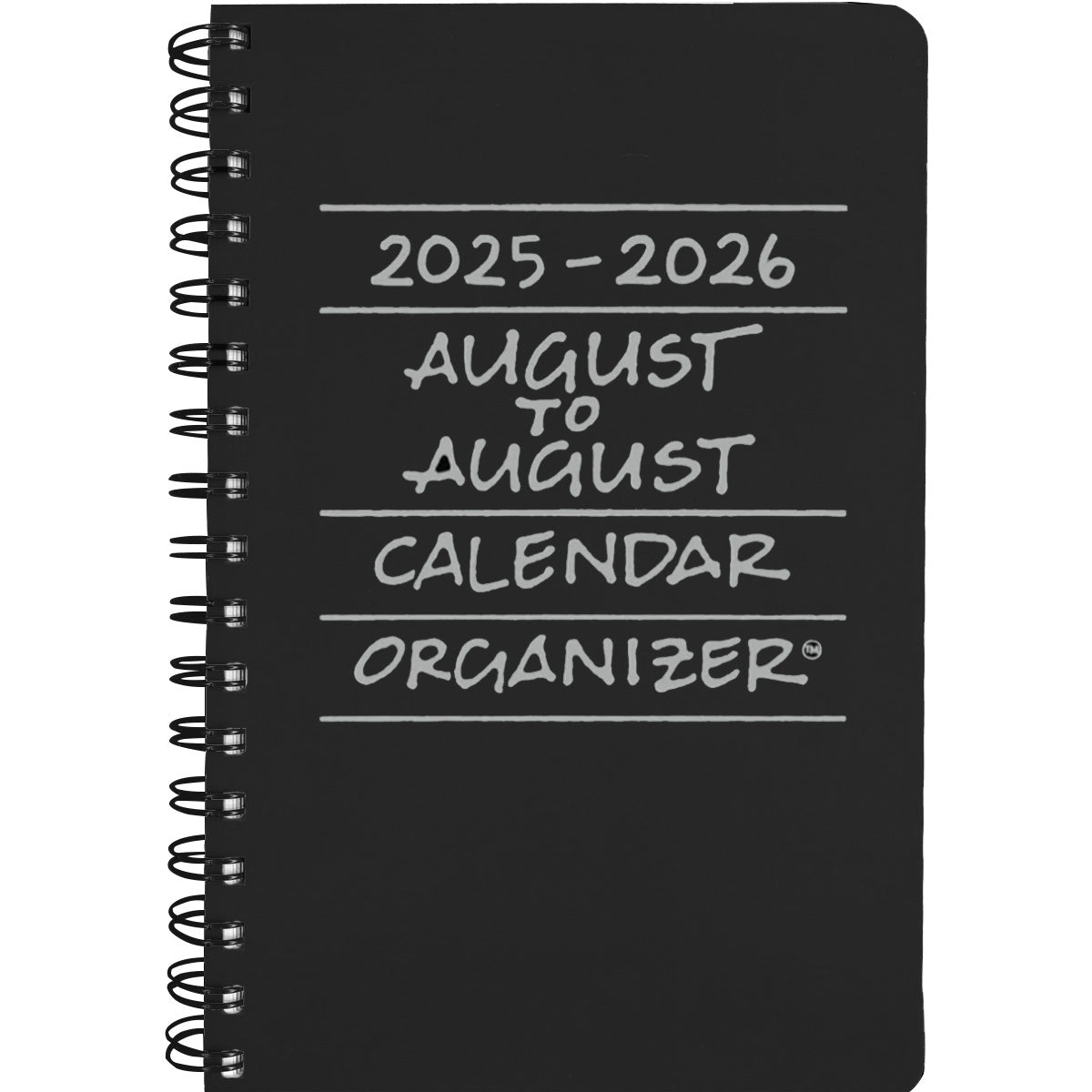 Black spiral-bound calendar organizer for 2025-2026 with white text on a white background