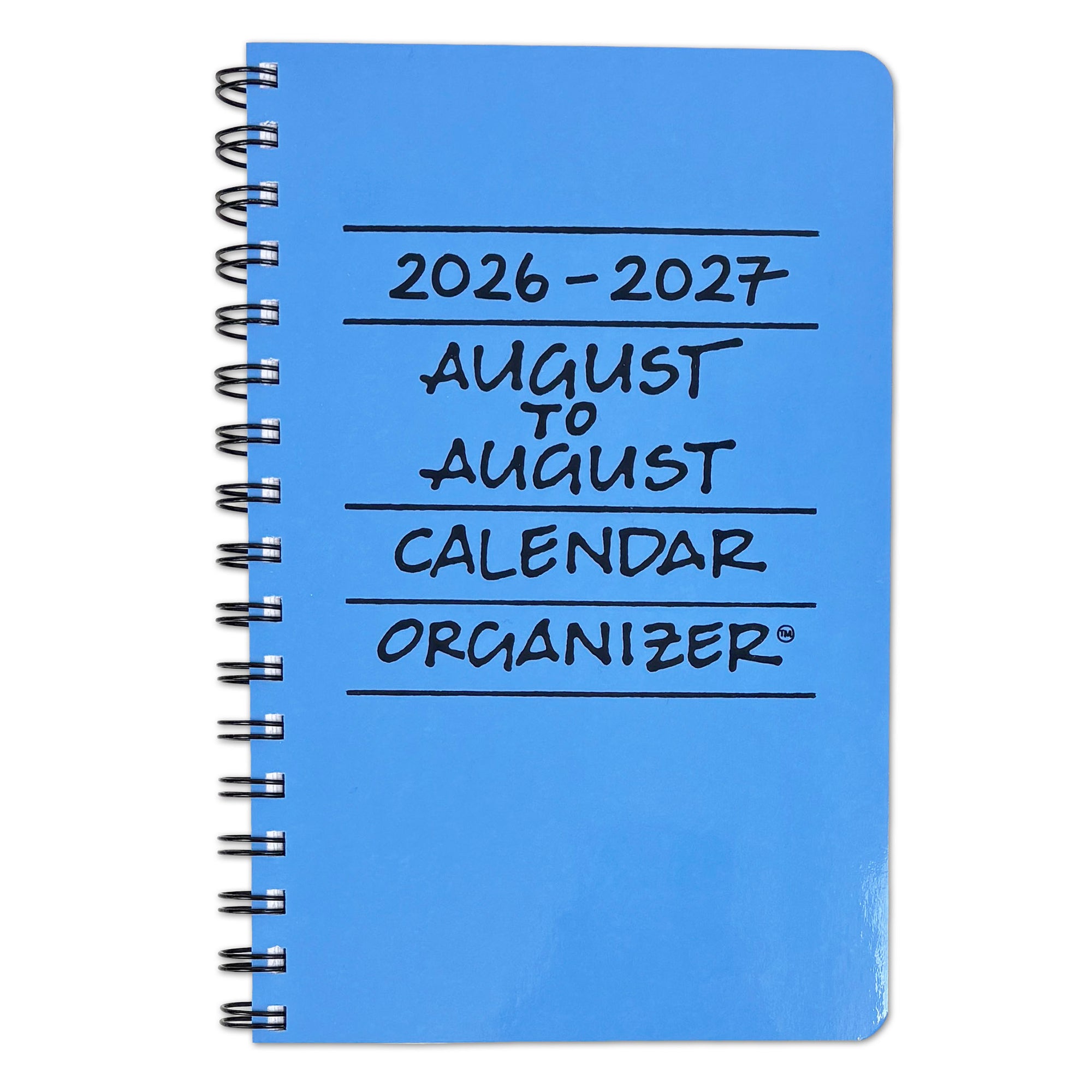 A blue spiral-bound 2026-2027 August to August calendar organizer with black text on the cover, shown on a plain white background.