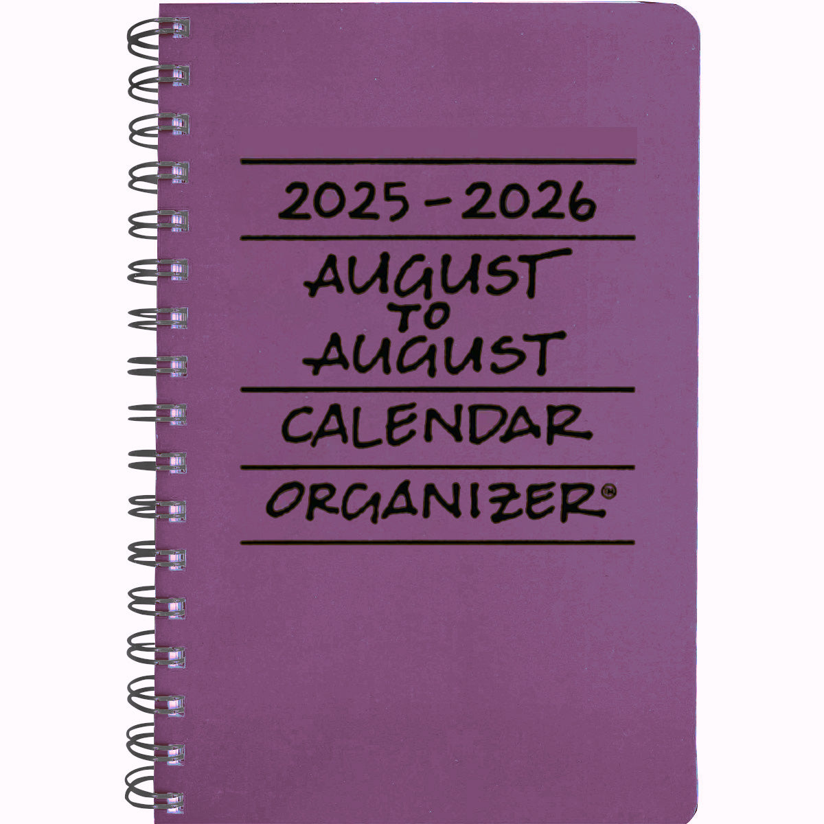 Purple calendar organizer with text '2025-2026 August to August Calendar Organizer' on a white background