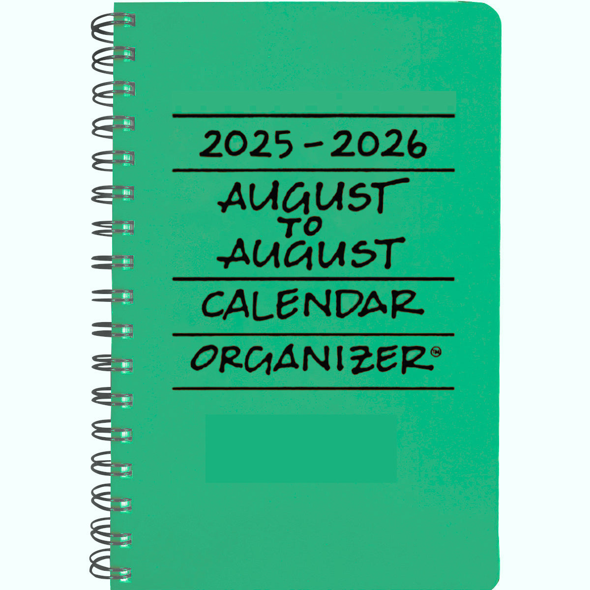 Green calendar organizer for 2025-2026 with spiral binding on a white background