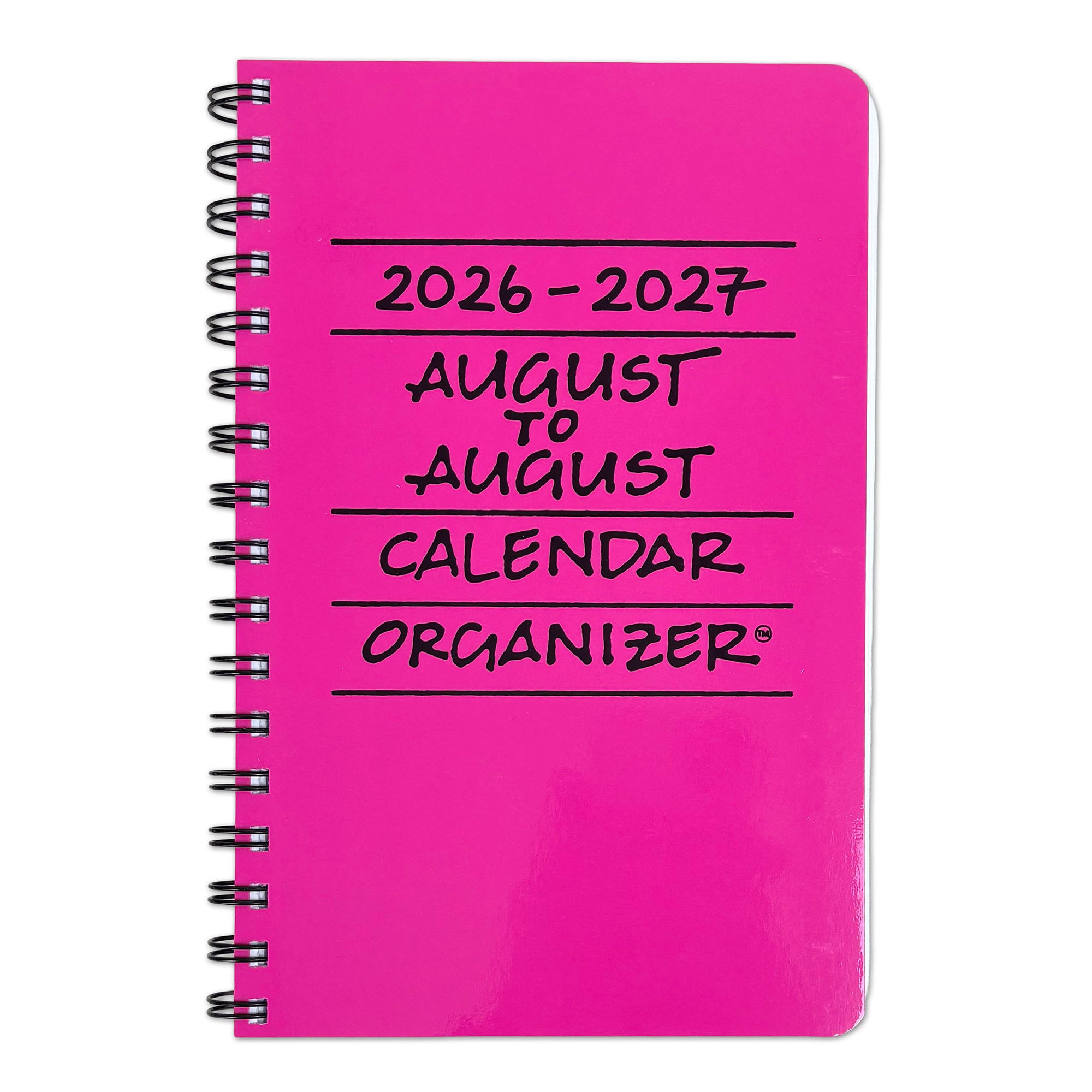 A bright pink spiral-bound notebook labeled '2026-2027 AUGUST TO AUGUST CALENDAR ORGANIZER' on a plain white background.