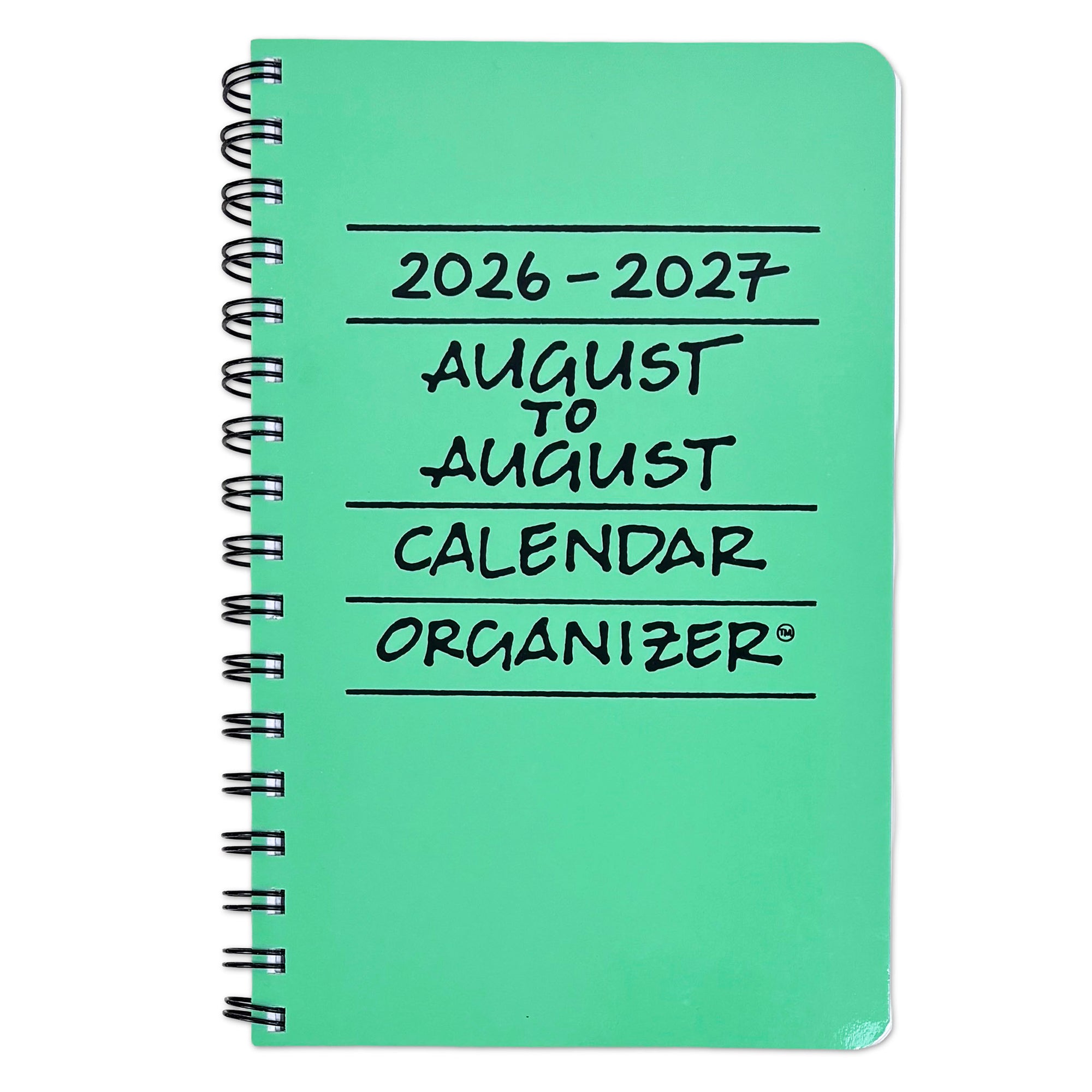 A seafoam green spiral-bound notebook labeled '2026-2027 AUGUST TO AUGUST CALENDAR ORGANIZER' on a plain white background.