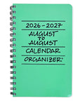 A seafoam green spiral-bound notebook labeled '2026-2027 AUGUST TO AUGUST CALENDAR ORGANIZER' on a plain white background.