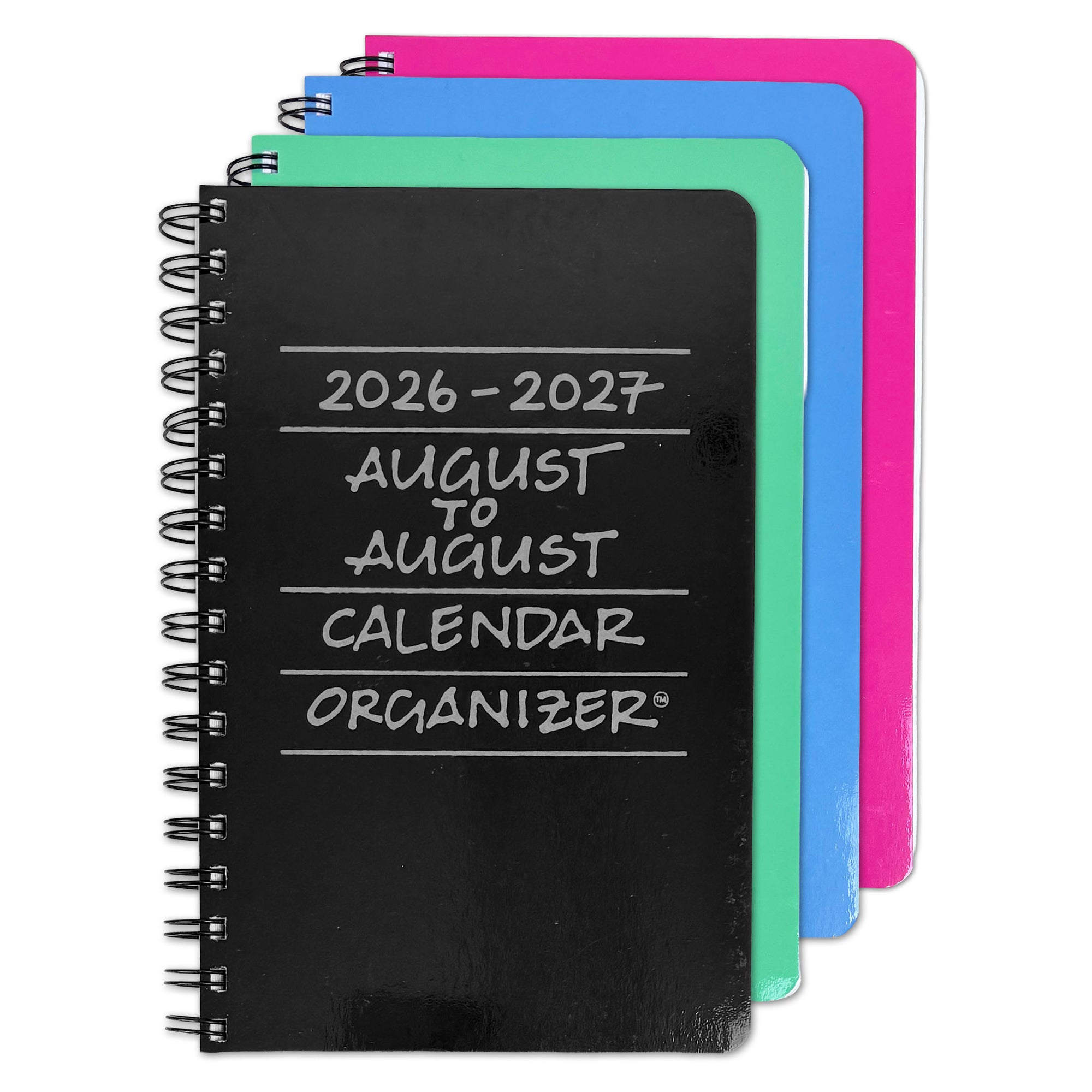 A set of spiral-bound 2026-2027 August to August calendar organizers stacked in a fan arrangement. The front organizer has a black chalkboard-style cover with white text, while the nested organizers behind it are in blue, mint green, and bright pink.
