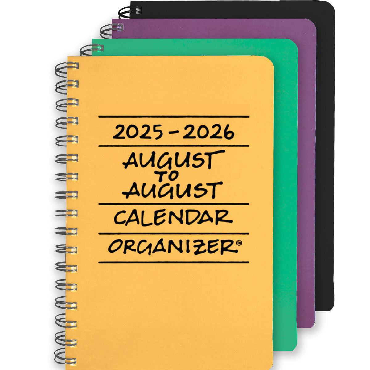 Four spiral-bound calendar organizers in yellow, green, purple, and black on a white background.