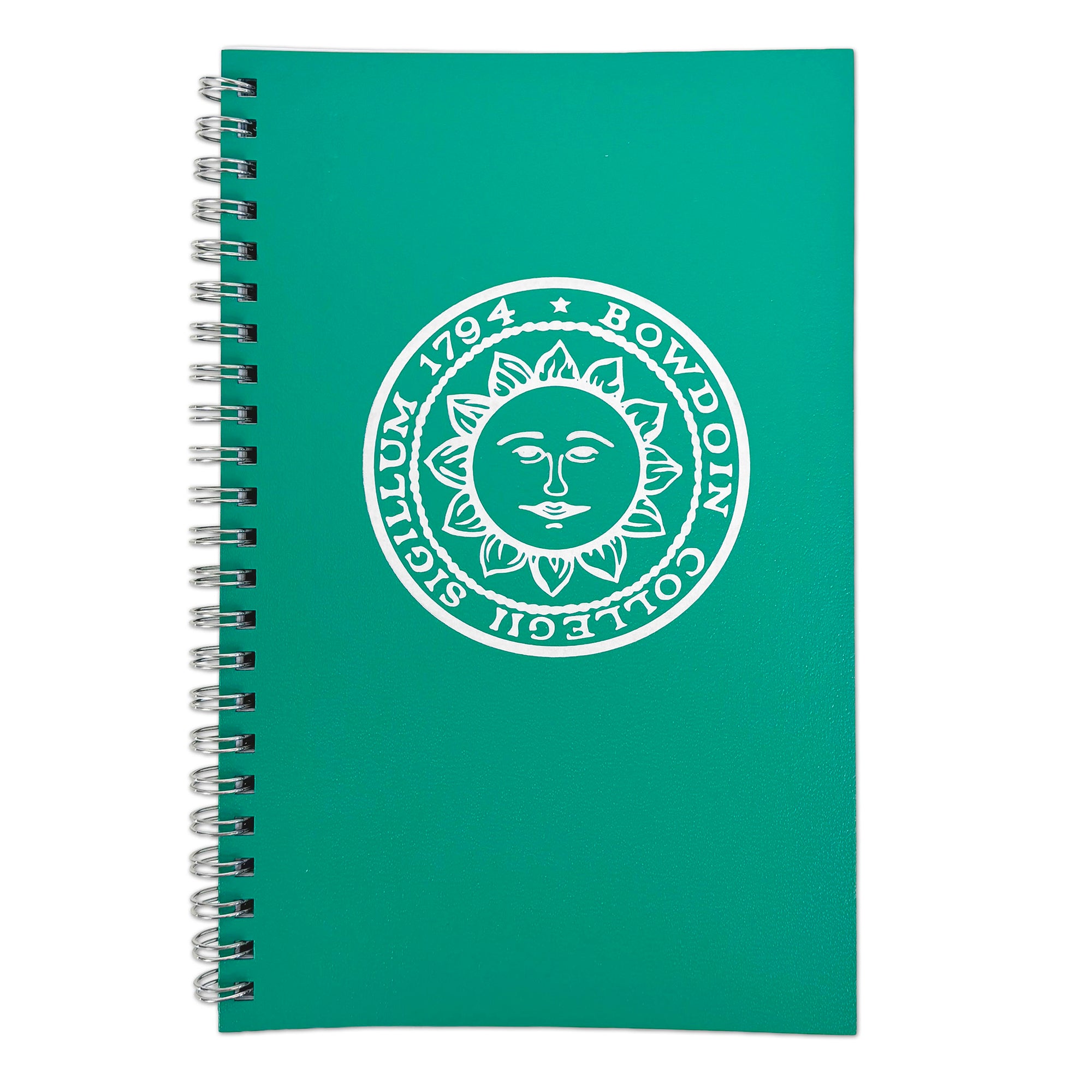 A teal green spiral-bound notebook with a white printed circular seal featuring a sun face and the text 'BOWDOIN COLLEGII SIGILLUM 1794' on the cover, shown on a plain white background.