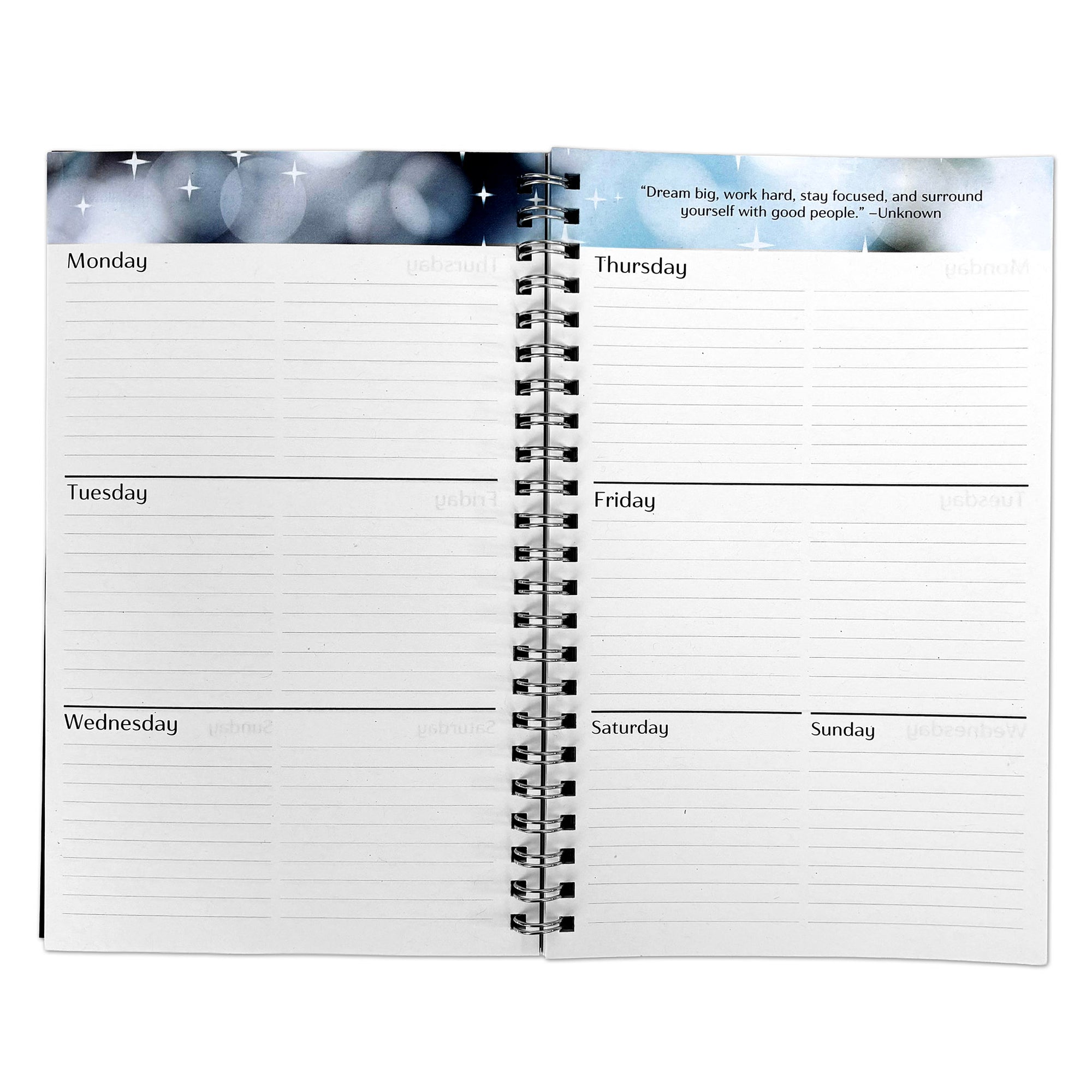 An open spiral-bound planner or agenda with lined daily sections from Monday to Sunday on both pages, shown against a plain white background.