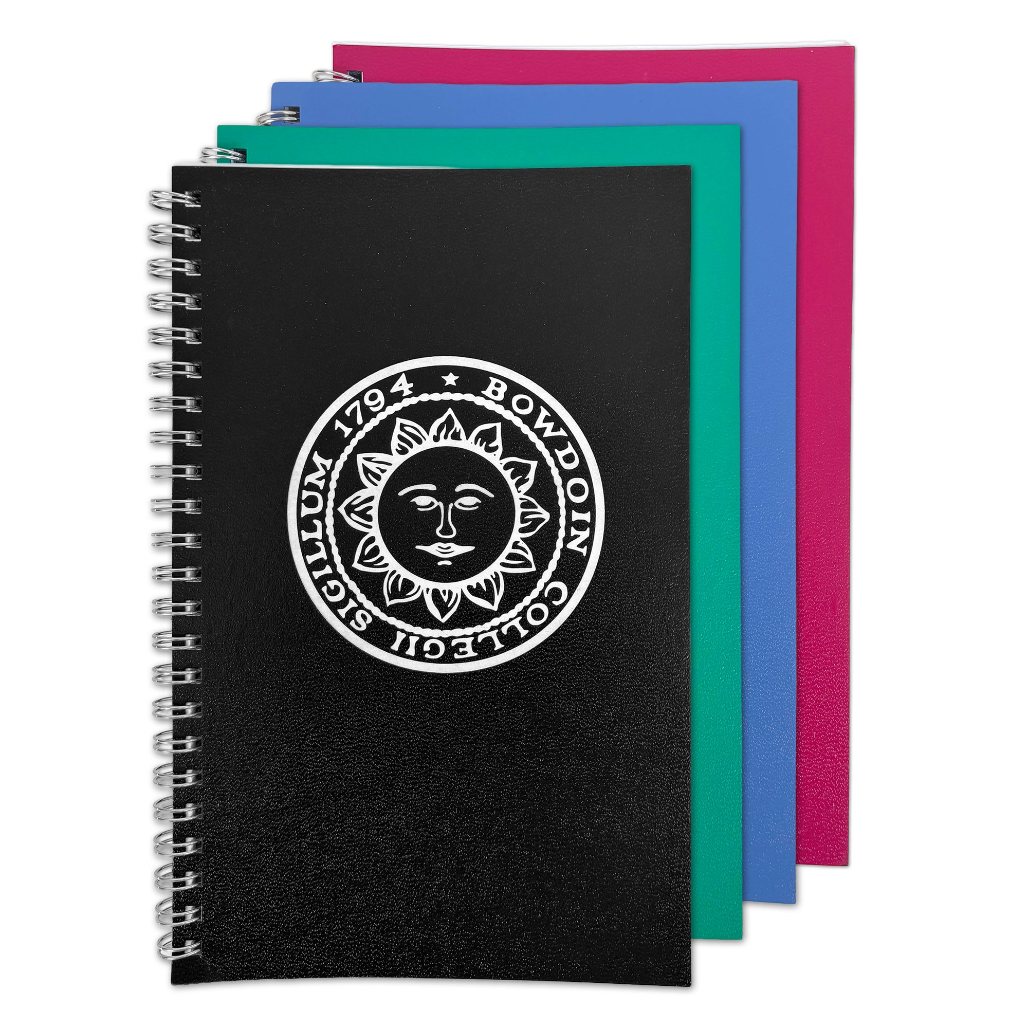 A spiral-bound planner with a black cover featuring a white circular sun emblem and the text 'BOWDOIN COLLEGII SIGILLUM 1794', shown with three other colored notebooks fanned behind it on a white background.
