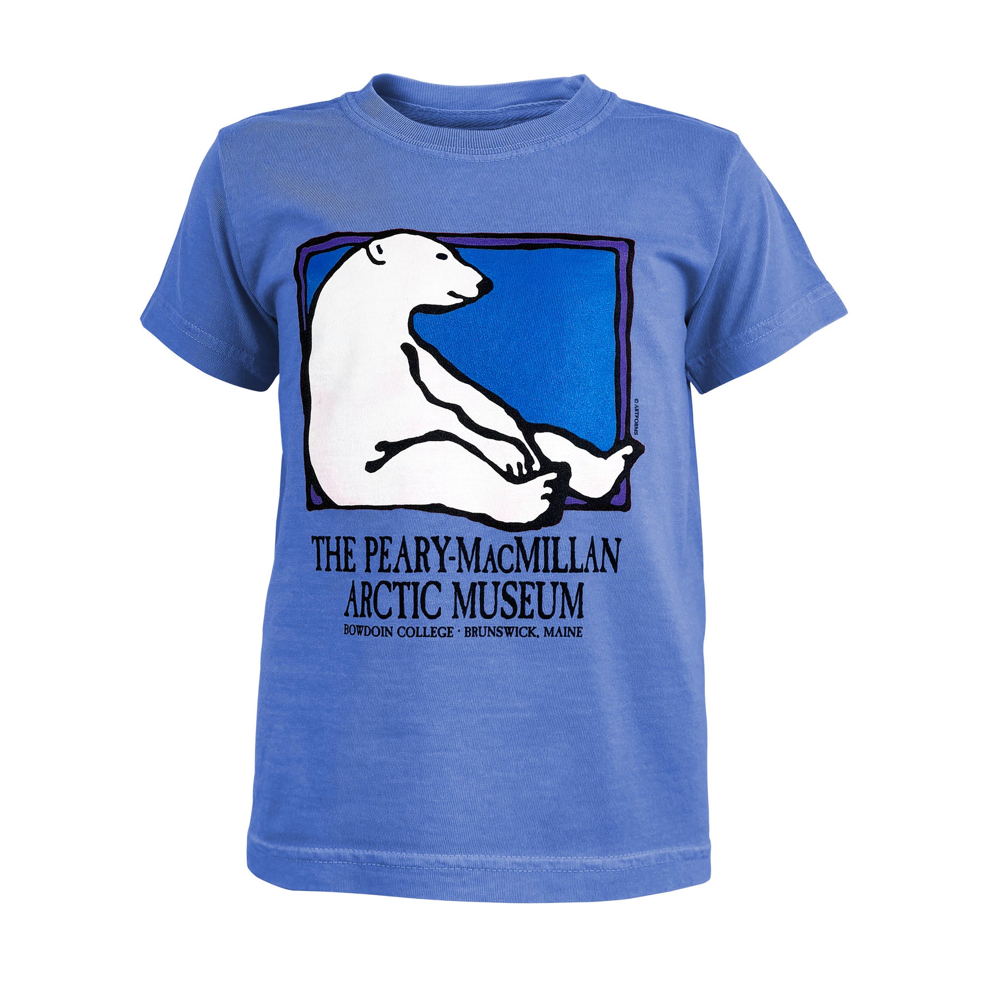 Blue t-shirt with a polar bear graphic and text on a white background