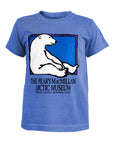 Blue t-shirt with a polar bear graphic and text on a white background