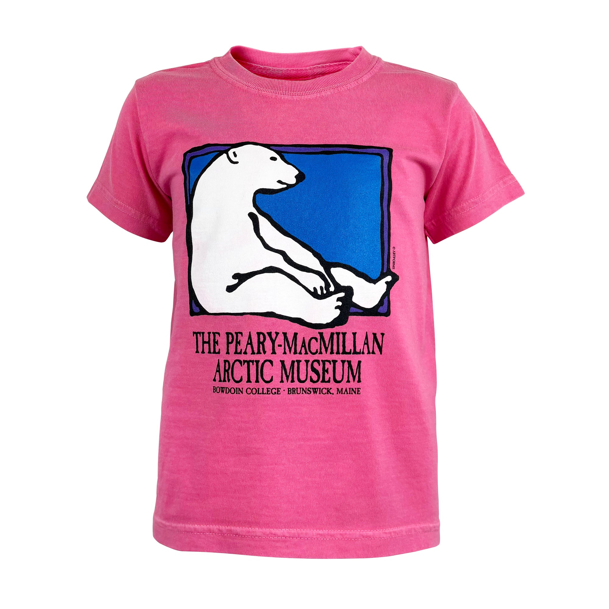 Pink t-shirt with a polar bear graphic and text on a white background