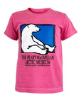 Pink t-shirt with a polar bear graphic and text on a white background