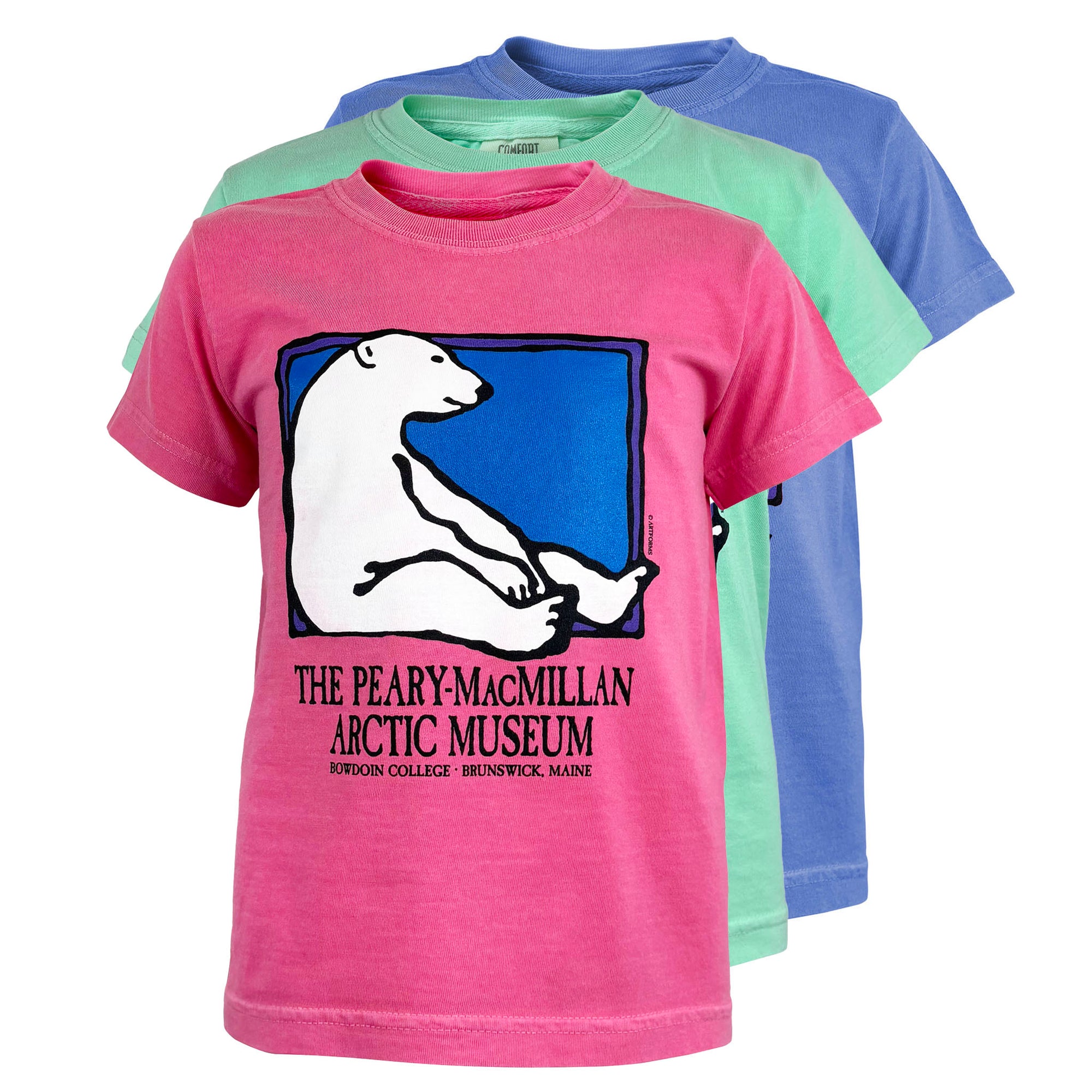 Pink t-shirt with a polar bear graphic and text, displayed with other colored shirts on a white background.