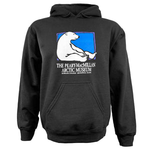 Black hooded sweatshirt with  chest imprint of polar bear sitting against the edge of a blue rectangle with a purple border. Below is the text The Peary-MacMillan Arctic Museum Bowdoin College Brunswick Maine