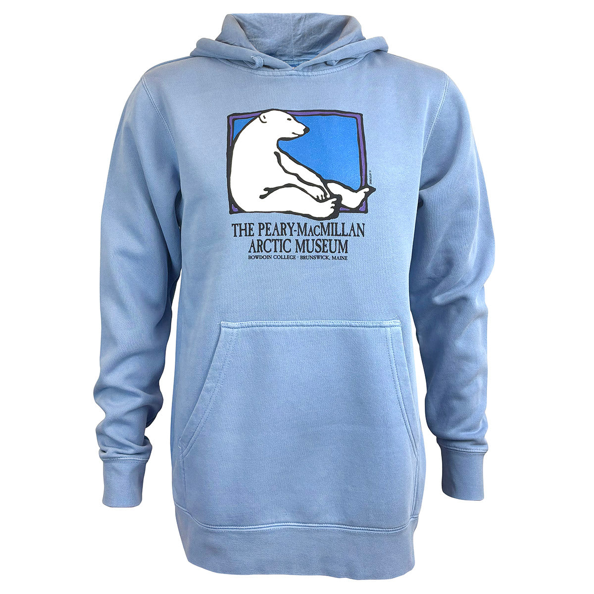 Light blue hoodie with a polar bear graphic and text on a white background