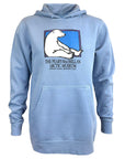 Light blue hoodie with a polar bear graphic and text on a white background