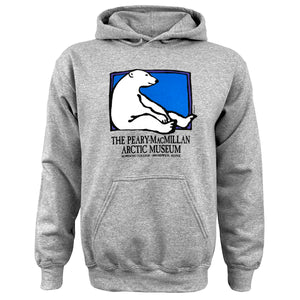 Oxford heather hooded sweatshirt with  chest imprint of polar bear sitting against the edge of a blue rectangle with a purple border. Below is the text The Peary-MacMillan Arctic Museum Bowdoin College Brunswick Maine