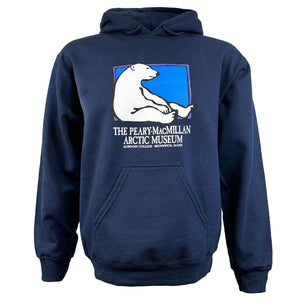 Navy  hooded sweatshirt with  chest imprint of polar bear sitting against the edge of a blue rectangle with a purple border. Below is the text The Peary-MacMillan Arctic Museum Bowdoin College Brunswick Maine