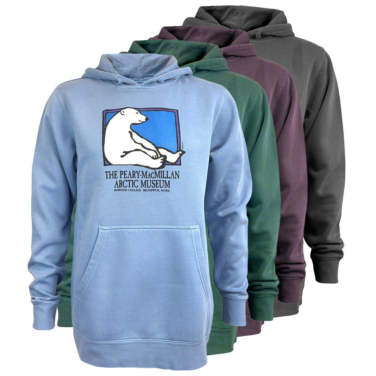 Four hoodies in different colors with a polar bear graphic and text on a white background
