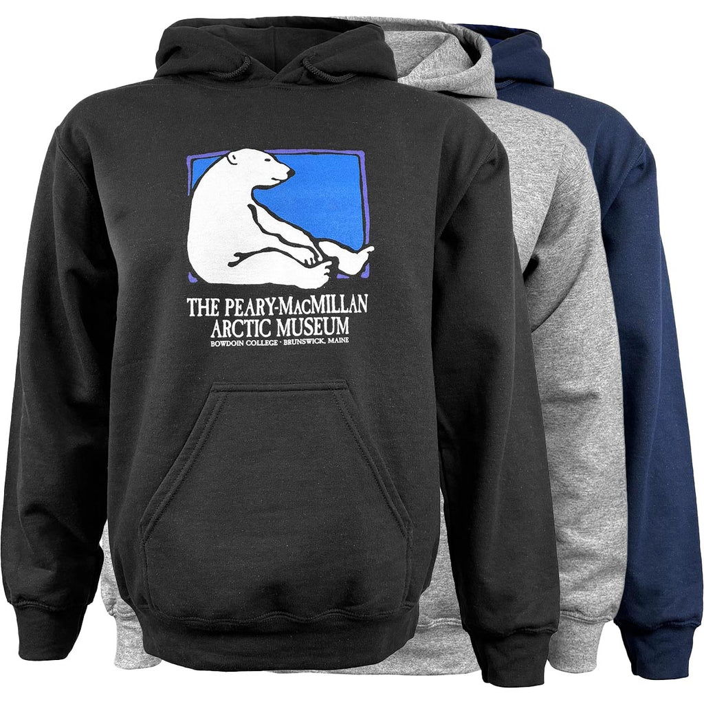 3 colors of Arctic Museum hooded sweatshirts.