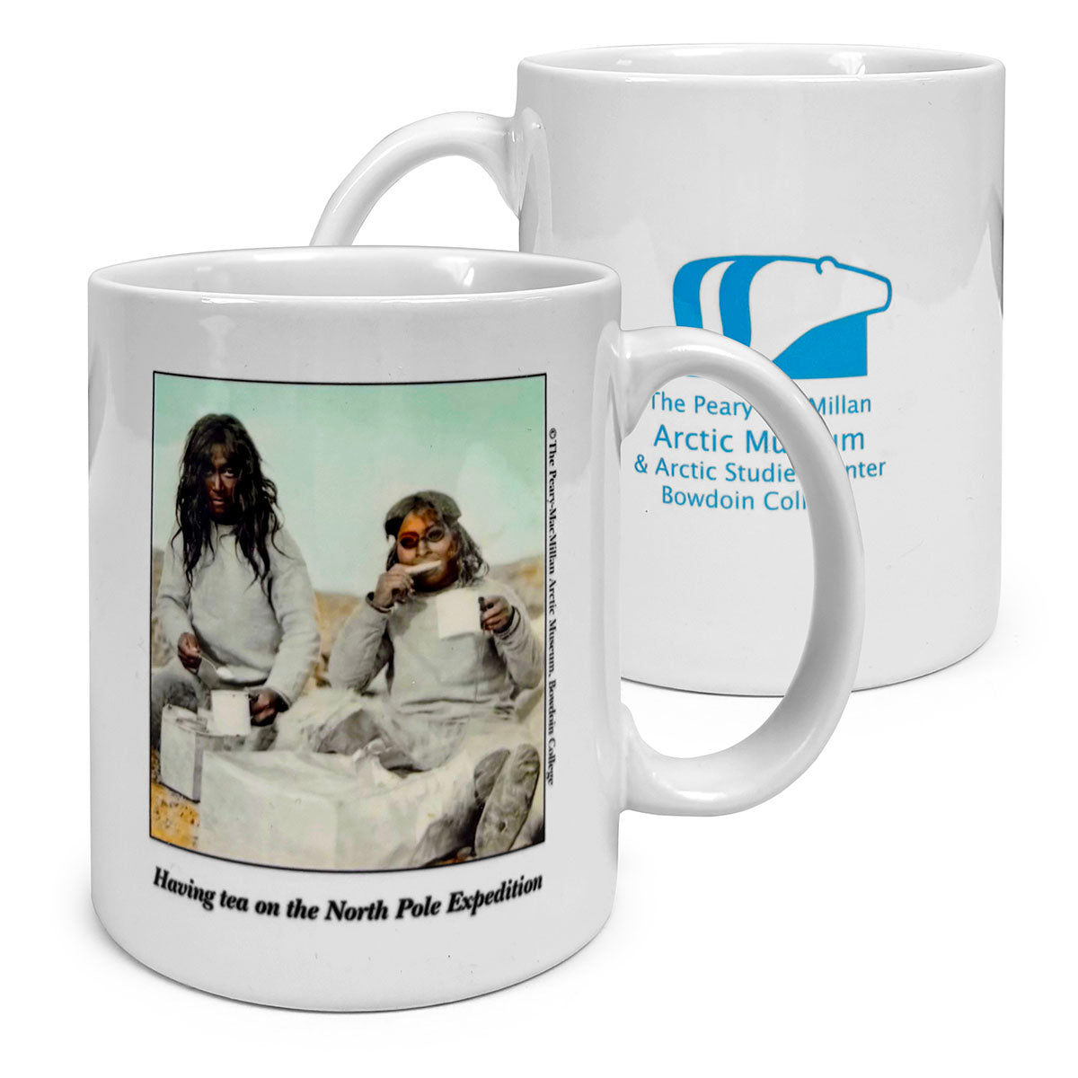 Two views of a white mug, one with a historical image and text, the other with a logo and text.