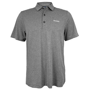 Heather grey polo with thin black horizontal stripes. Three button collar closure, white Bowdoin embroidery on left chest.