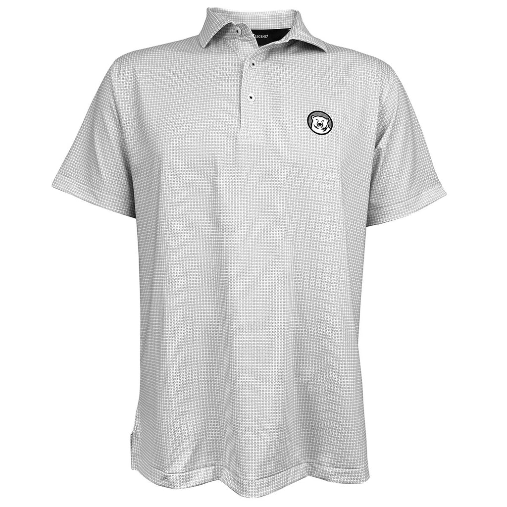 White polo with all-over light-grey print. Embroidered polar bear mascot medallion on left chest.