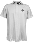 White polo with all-over light-grey print. Embroidered polar bear mascot medallion on left chest.