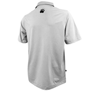 Back of light grey polo with small black paw print just below collar.