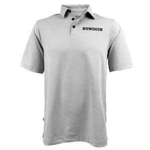 Light grey polo with black buttons and black imprint of BOWDOIN on left chest.