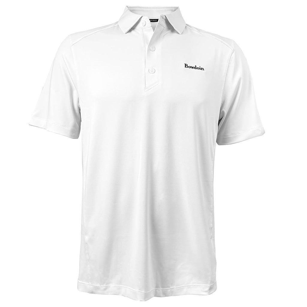 White 3-button polo shirt with black Bowdoin wordmark embroidered on left chest.