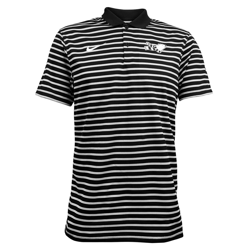 Black polo shirt with white and grey stripes and black collar. White embroidered Nike Swoosh on right chest, Bowdoin spirit bear imprint on left chest.