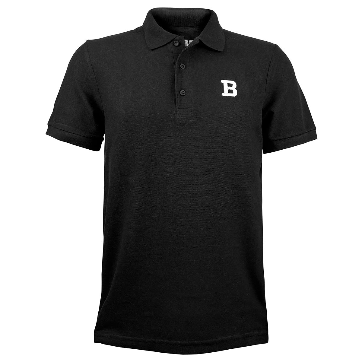 Black polo shirt with a white 'B' logo on a white background