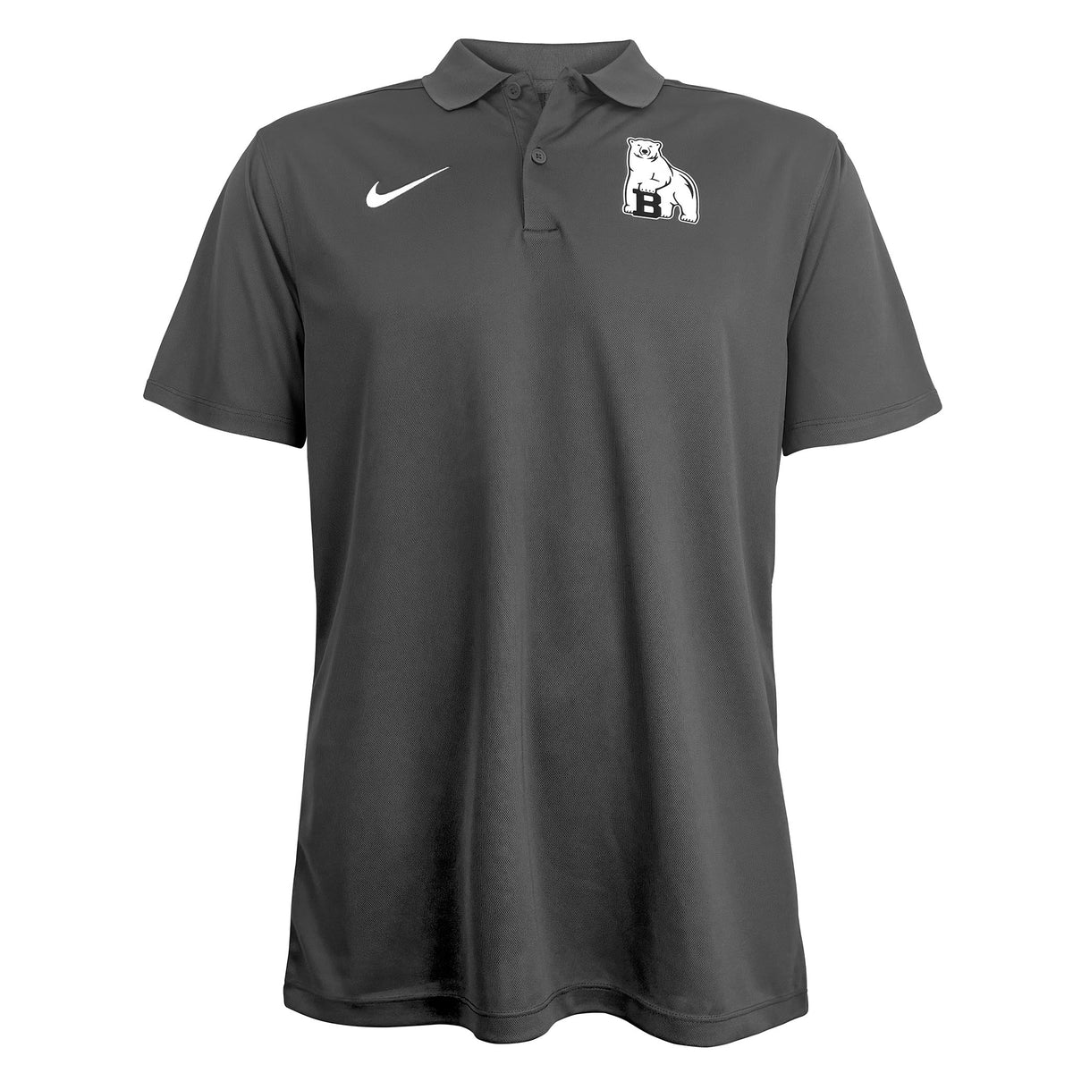 A dark gray Nike polo shirt featuring a white swoosh on the right chest and a white polar bear logo with B on the left chest, displayed on a solid white background.