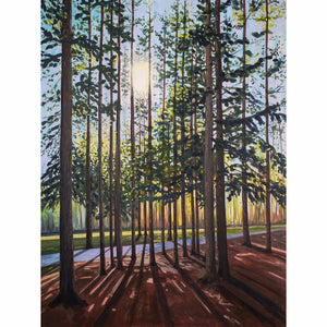 Print of painting of a stand of pine trees with the sun shining through the boughs.