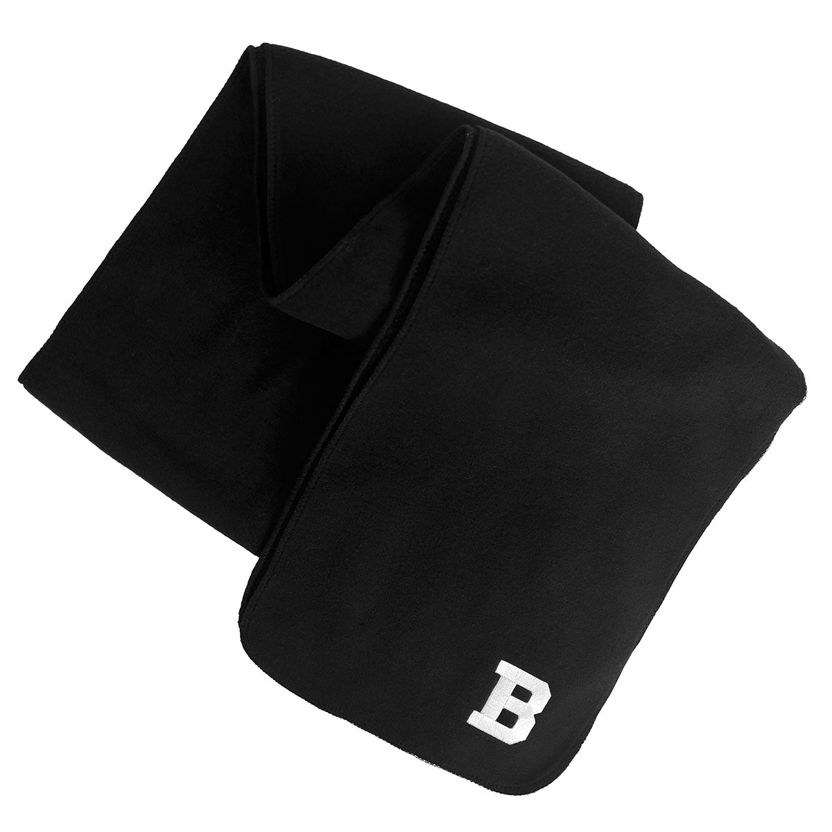 Black scarf with a white letter 'B' on a white background