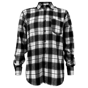 Black and white plaid flannel button up shirt with pocket on left chest.