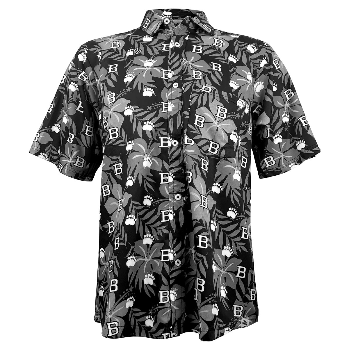 Black short-sleeve shirt with white and gray floral Hawaiian pattern with incorporated B and paws on a white background