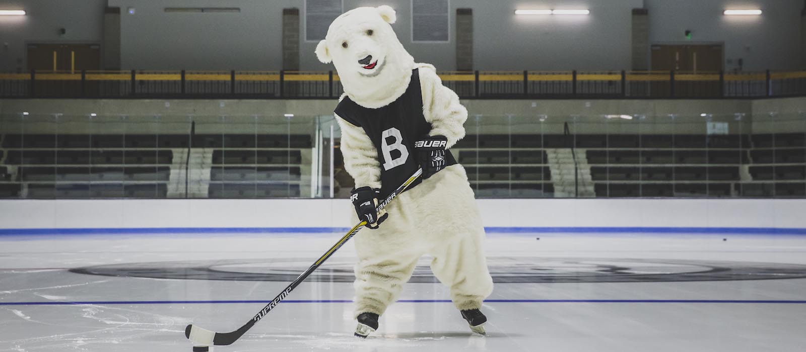 Polar Bear mascot playing hockey on the ice at Watson arena